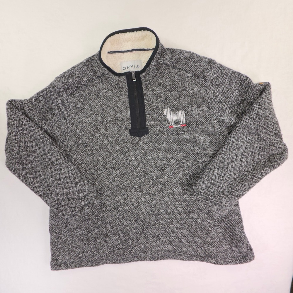 Orvis Mens XXXL Grey Marled Sherpa Lined Quarter Zip Pullover Big Hairy Dog Logo